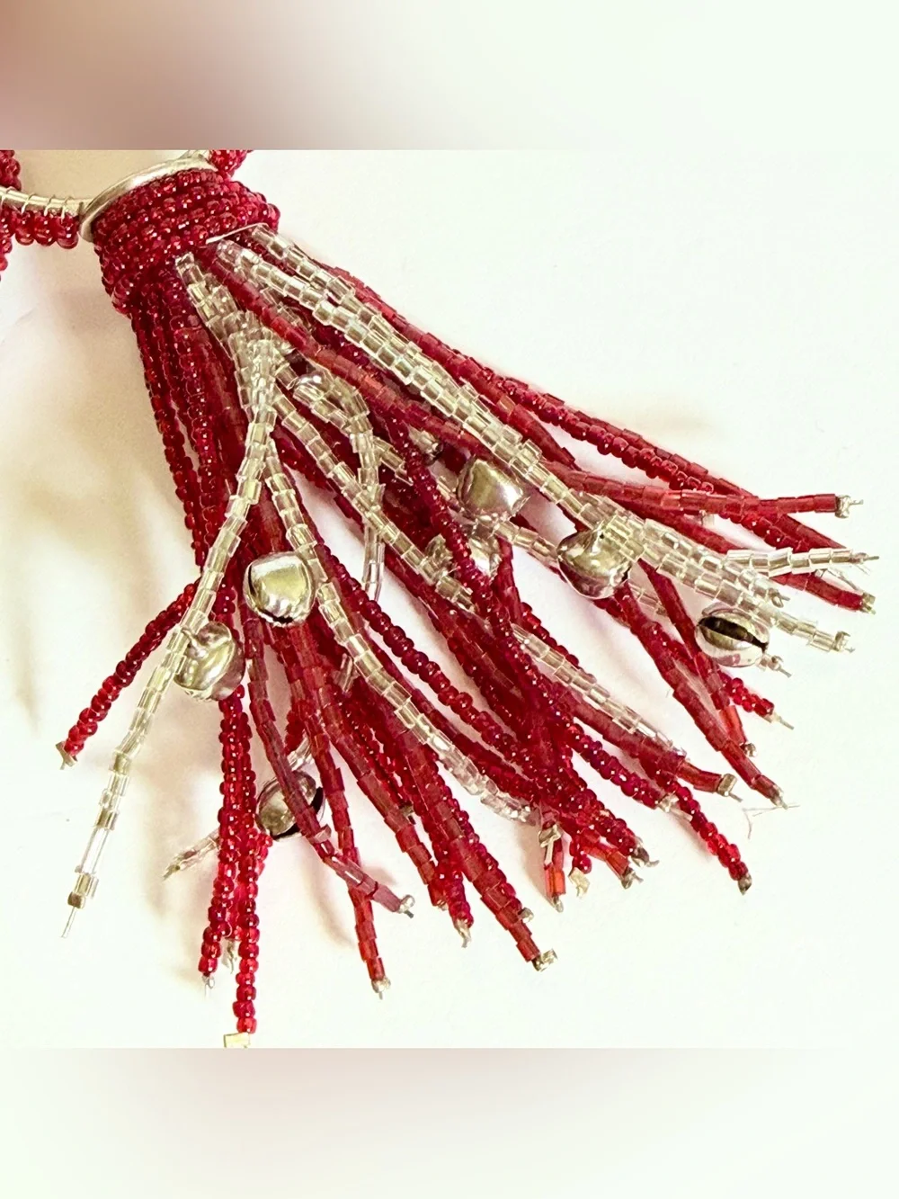 NWT Pottery Barn Red & Silver Beaded Jingle Bell Tassel Napkin Rings Set of 4